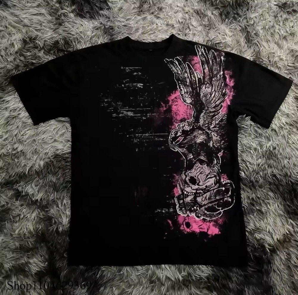 Mens Y2K Gothic Graphic T Shirt Streetwear Skull Wings Tee Top
