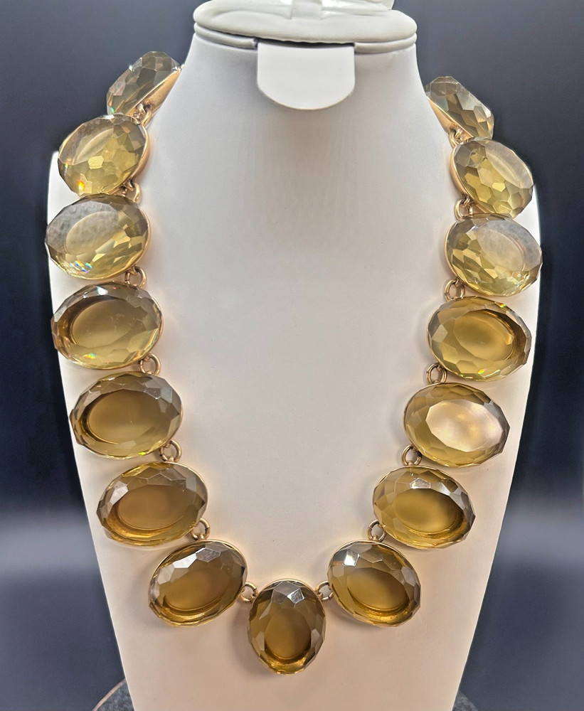 J Crew Signed Vintage Amber Lucite Statement Bib Necklace Gold Tone UNWORN 18 in