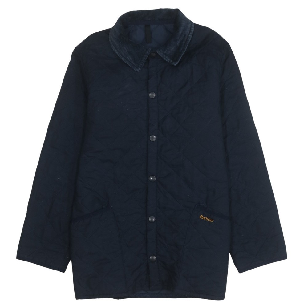 Barbour Mens Quilted Jacket Navy Blue Cord Collar Snap Button Pockets Logo S