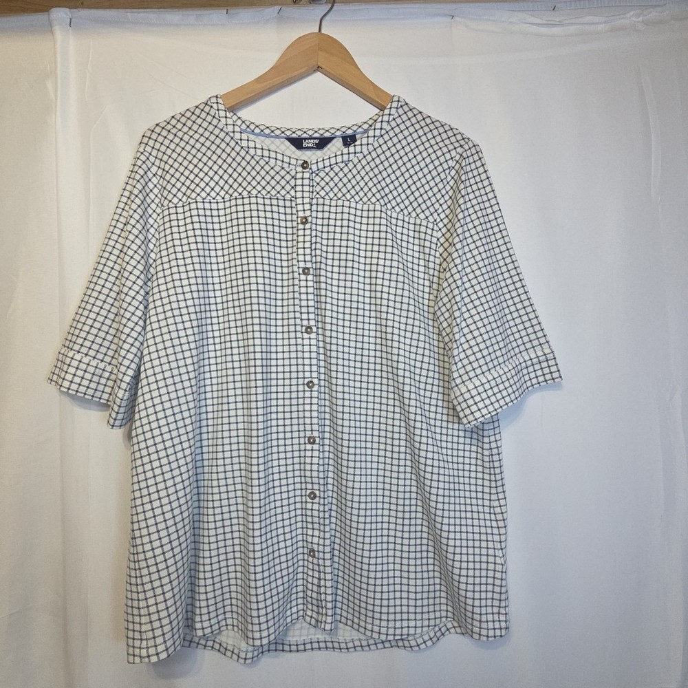 Lands' End Women’s Blouse Size L 14-16 Blue White Grid Plaid 3/4