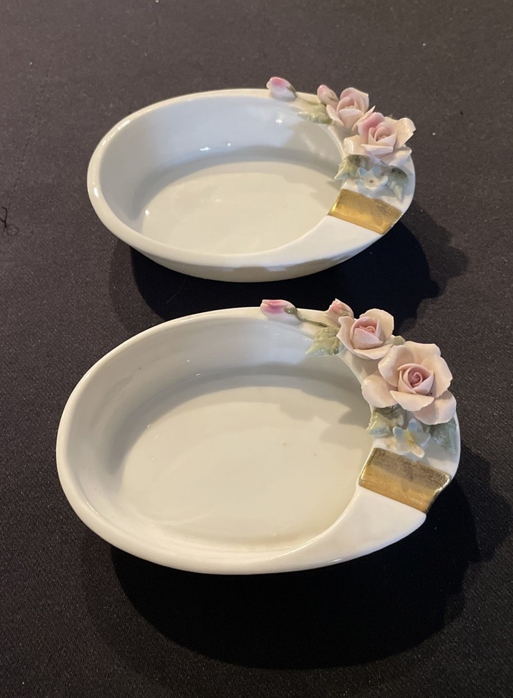 Pair Of Vintage Lefton Porcelain Ashtray Trinket Tray With Roses Cigarette  MCM