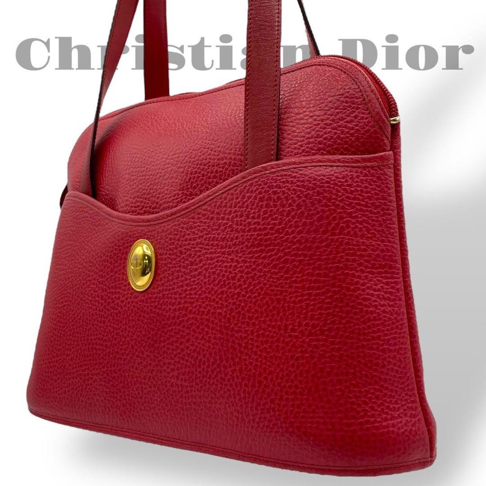 Christian Dior Tote Bag Leather CD Logo Red Rare Used