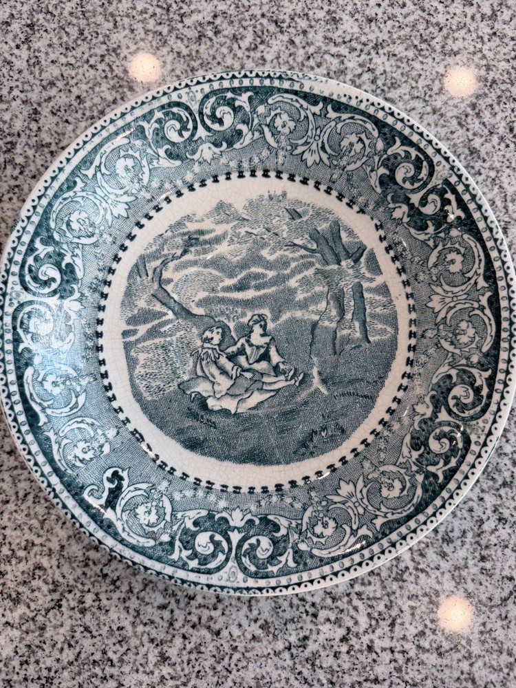 Rowland & Marcellus Staffordshire Green Transferware Plate Flow Blue Antique 8”.