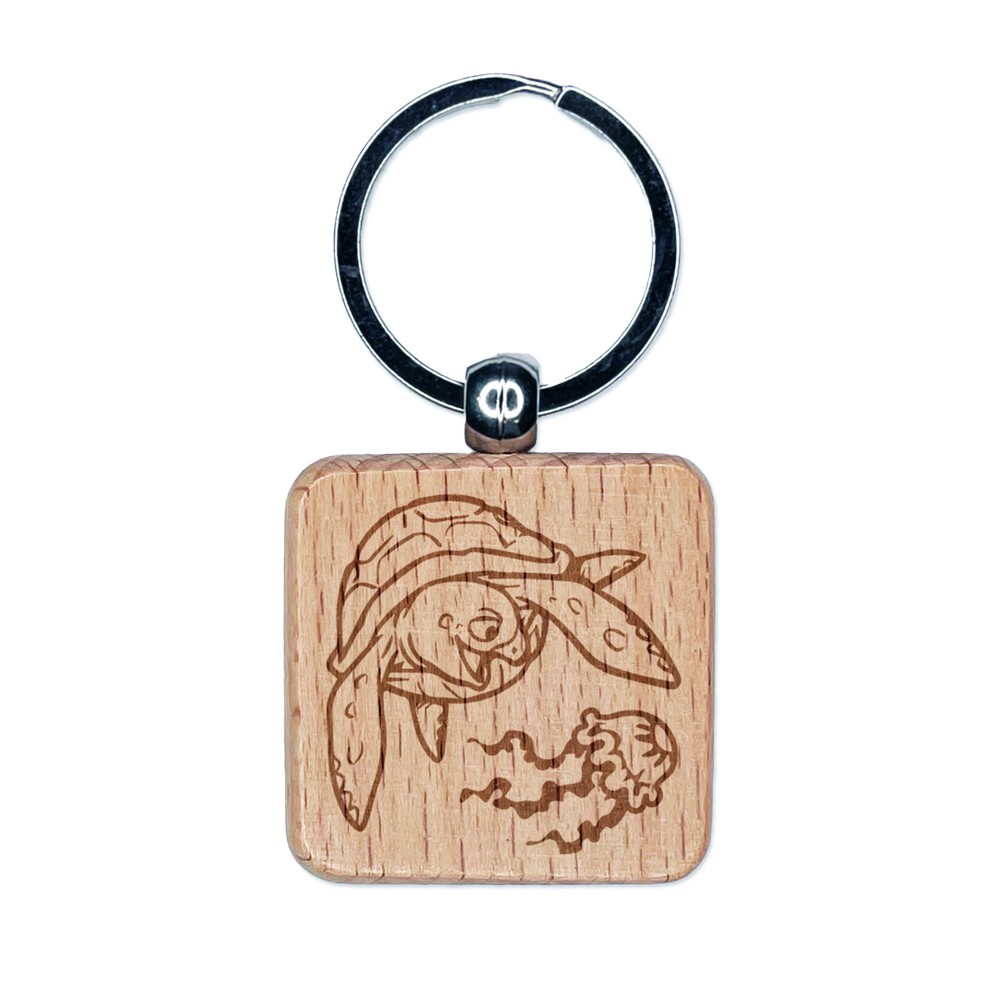 Gnarly Sea Turtle and Jellyfish Engraved Wood Square Keychain Tag Charm