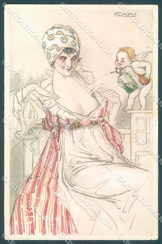 Artist Signed Mauzan Lady Eros Cupid Perfume serie 102-3 postcard HR3360