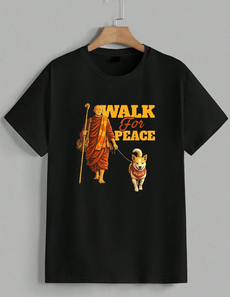 Walk For Peace Monks With Aloka Dog T-Shirt Buddhist Zen Art Graphic Tee Unisex