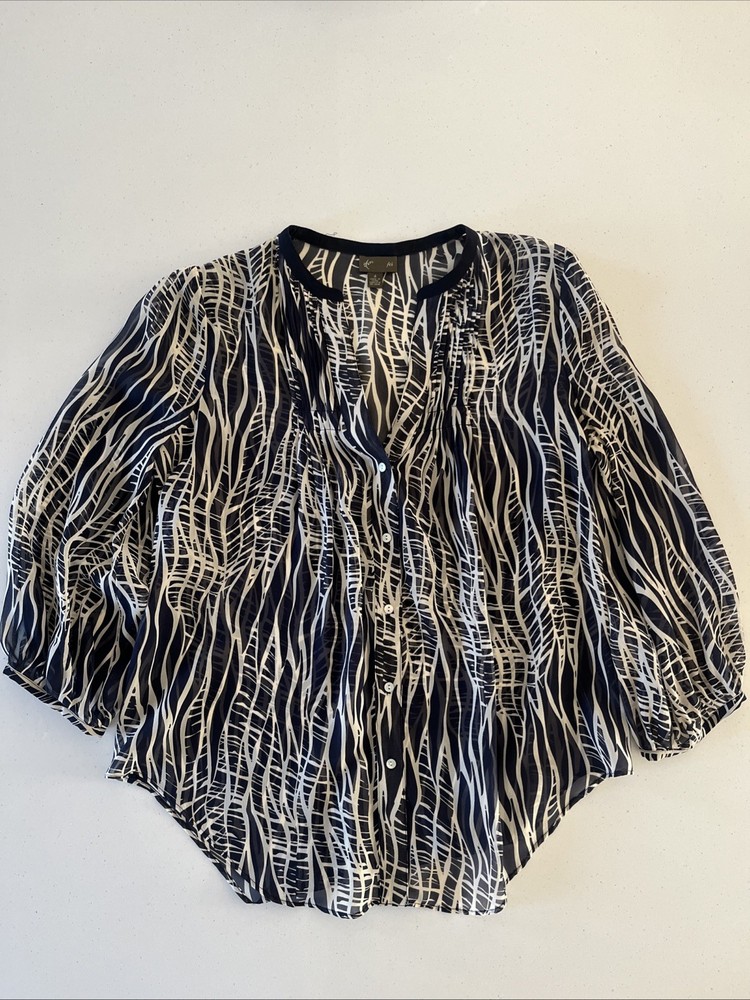 Women’s Fei by Anthropologie black and white sheer silk 3/4 Sleeve blouse, Size4