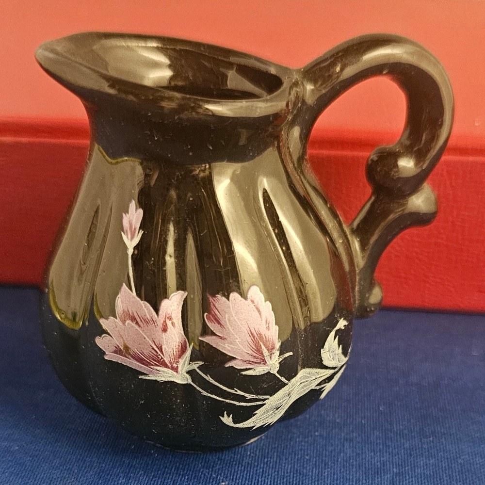 Mini Black Porcelain Purple Pink Flowers Pitcher Vase Vanity  🔥🔥🔥