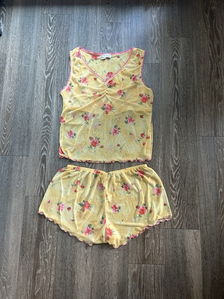 Cinema Etoile Yellow Pink Floral Mesh Ruffle Hem Pajama Set Sz XL 90s Coquette