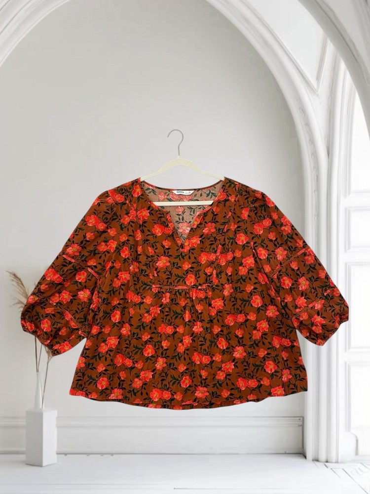 Sonoma Womens Floral Corduroy Top Size 3X V Neck Tiered Peasant Boho Chic