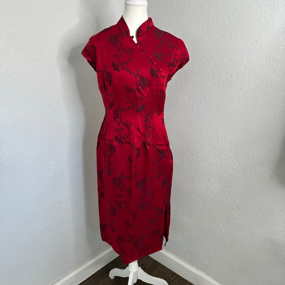 Vintage Tessuto Red Floral Brocade Cheongsam Dress 80s Mandarin Collar Qipao 10