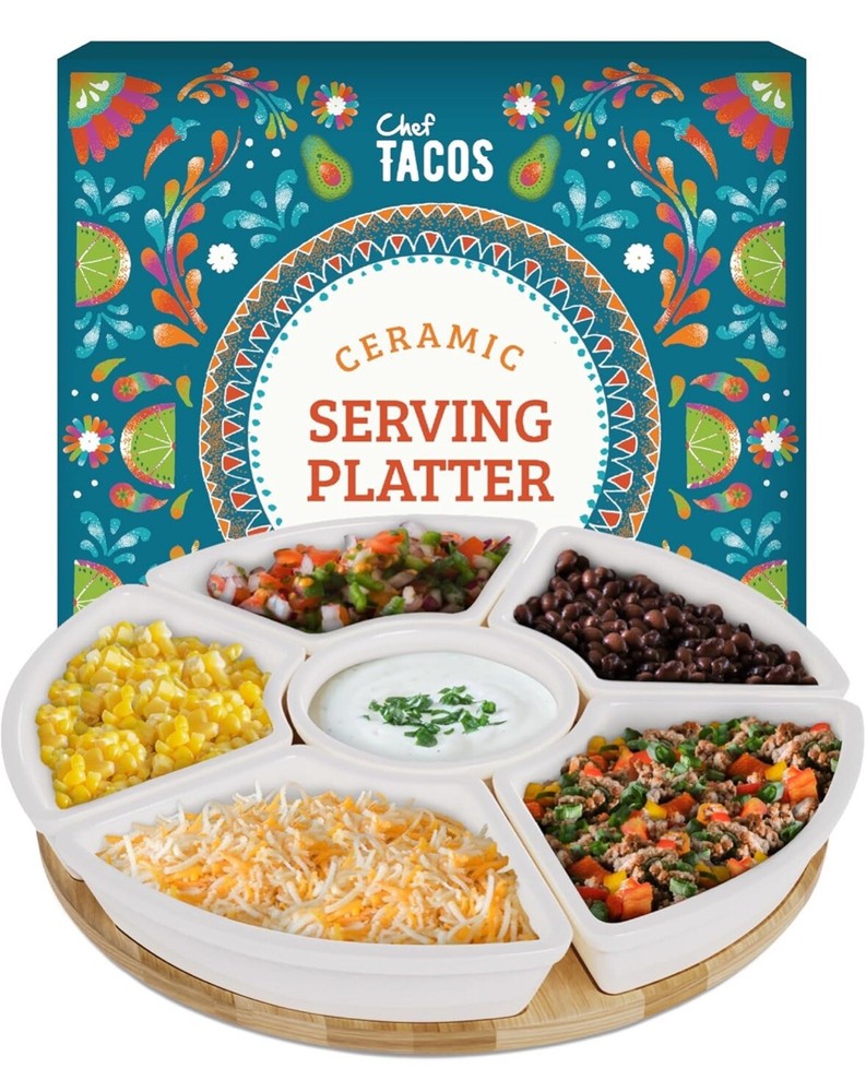 Ceramic Taco Serving Platter - Divided Lazy Susan Tray for Taco Tuesday