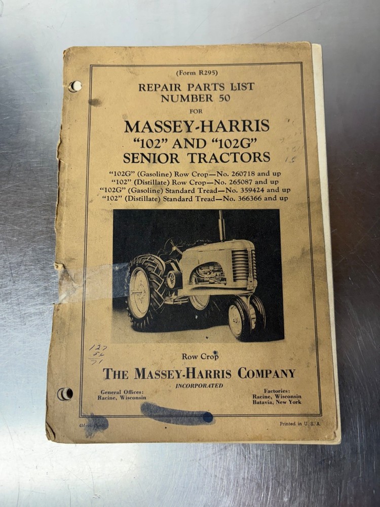 Original Massey Harris 102 102G Senior Tractor Parts Catalog Manual