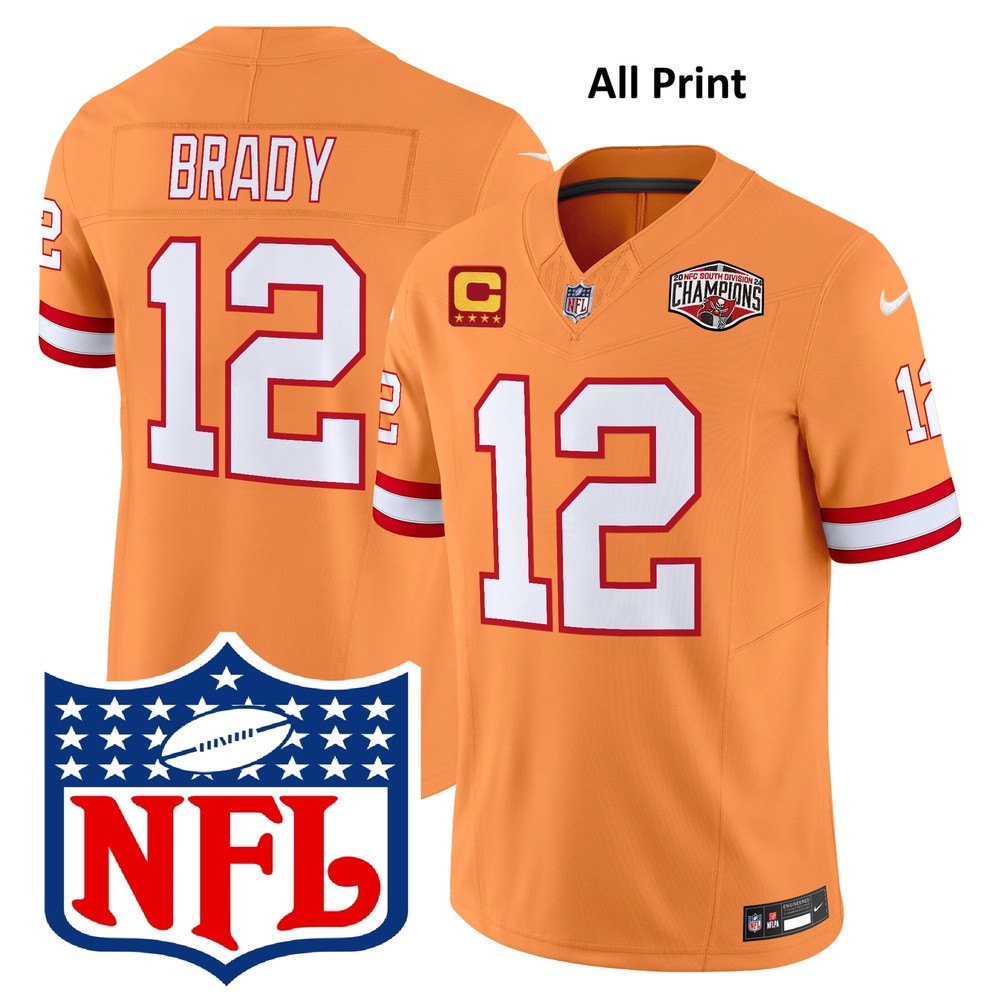 TampaxBay Bucs 2024 NFC South #12 Tom Brady Football Jersey with All Print Options