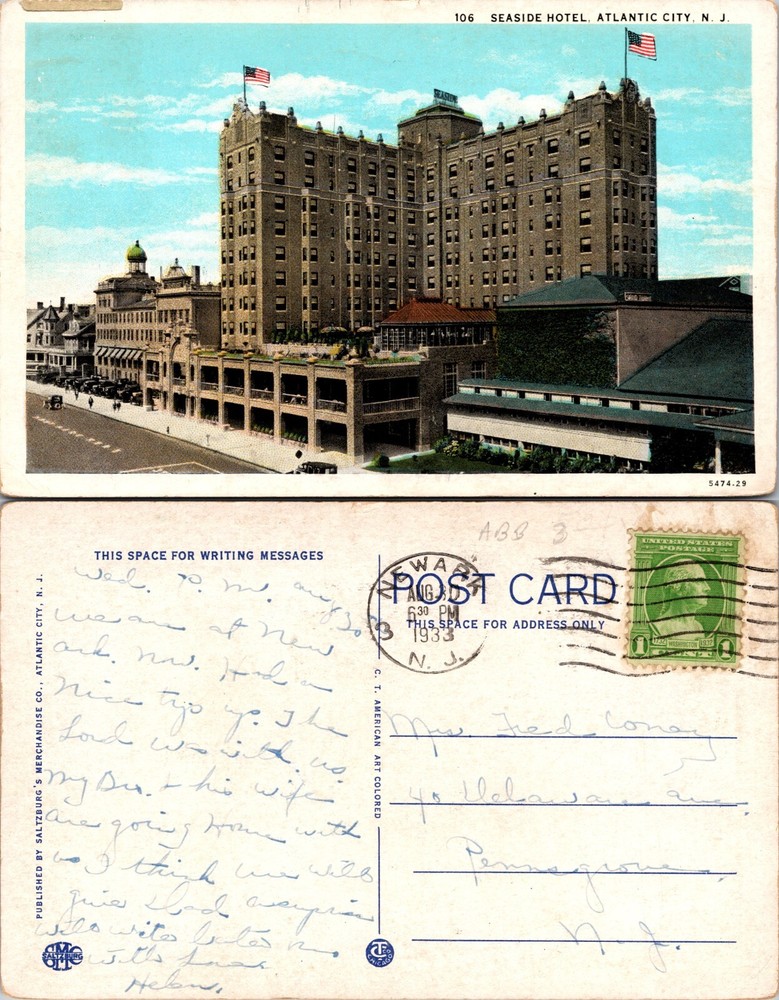 Seaside Hotel Atlantic City New Jersey NJ Postcard
