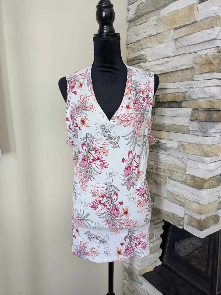 Chico's Womens Pink / White Sleeveless Tropical Floral V Neck Tank Top Size: XXL