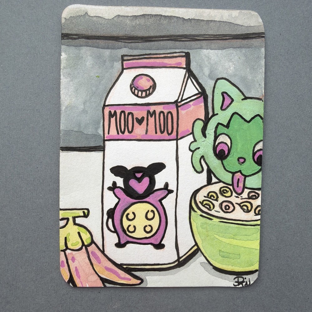 ACEO Art trading card original, “MooMoo Milk” 2.5in x 3.5in, Pokemon