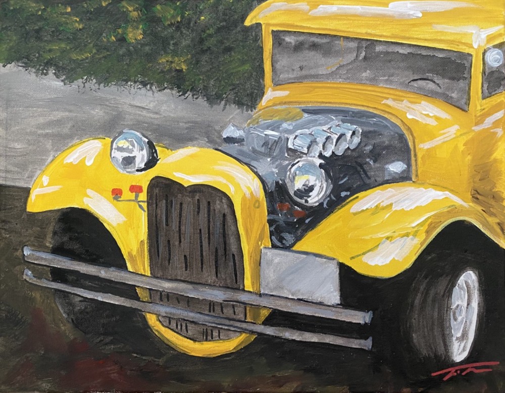 Yellow Hot Rod Original Art 14x11 Canvas