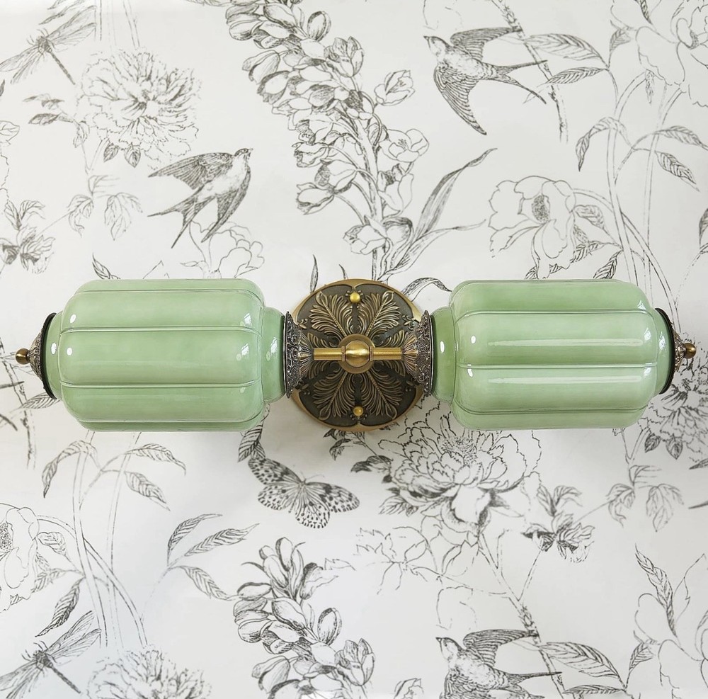 Vintage Milk Glass Bathroom Vanity Light - 2-Light Wall Sconce with Brass Fin...