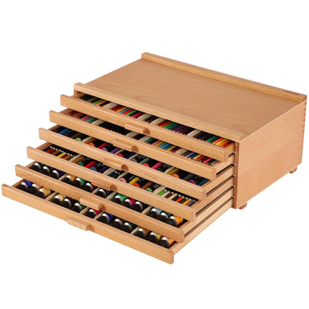 Upgraded 6-Drawer Wood Artist Supply Storage Box with Removable Dividers, Pre...