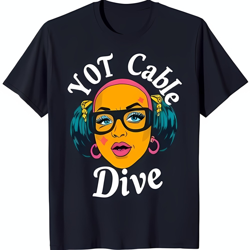 Trendy Black T-Shirt with Cartoon Woman Graphic & 'Not Cable Dive' Text