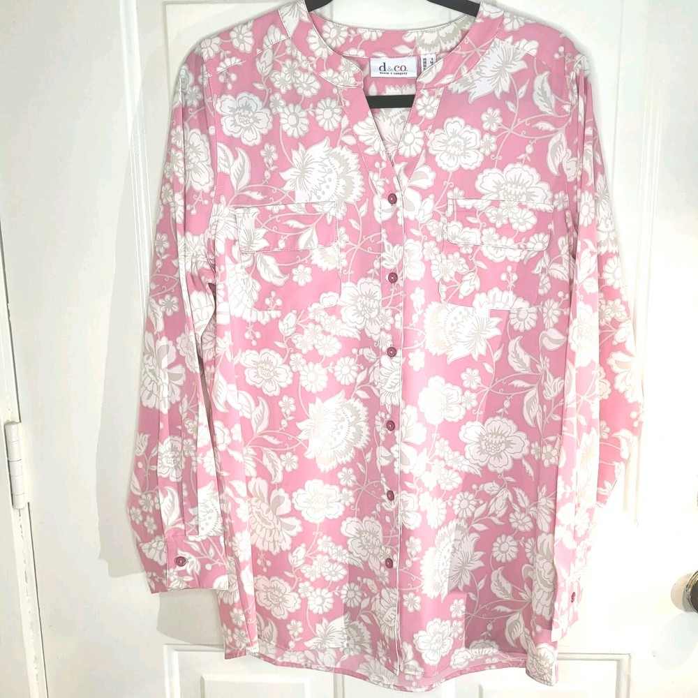 Denim & Co Size Small Antique Rose/White Floral Button Front V Neck LS Blouse