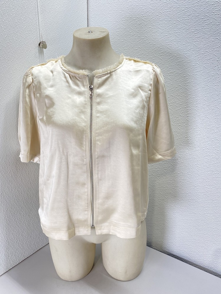 Melissa Nepton Womens Tilly Satin Zip-Up Short Sleeve Top Size M Ivory