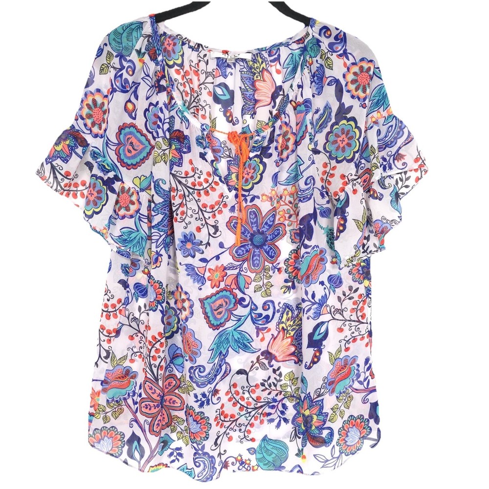 MILLY Design Nation Women’s Top MEDIUM Multicolor Floral Short Sleeve Blouse
