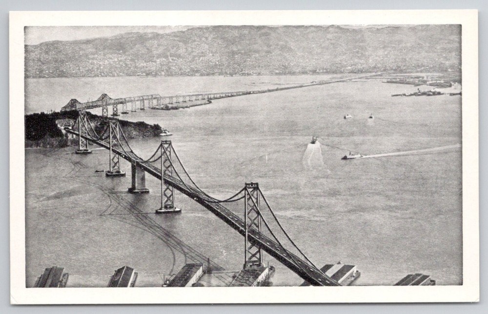 Vintage San Francisco-Oakland Bay Bridge Postcard J.C. Bardell B&W Aerial View