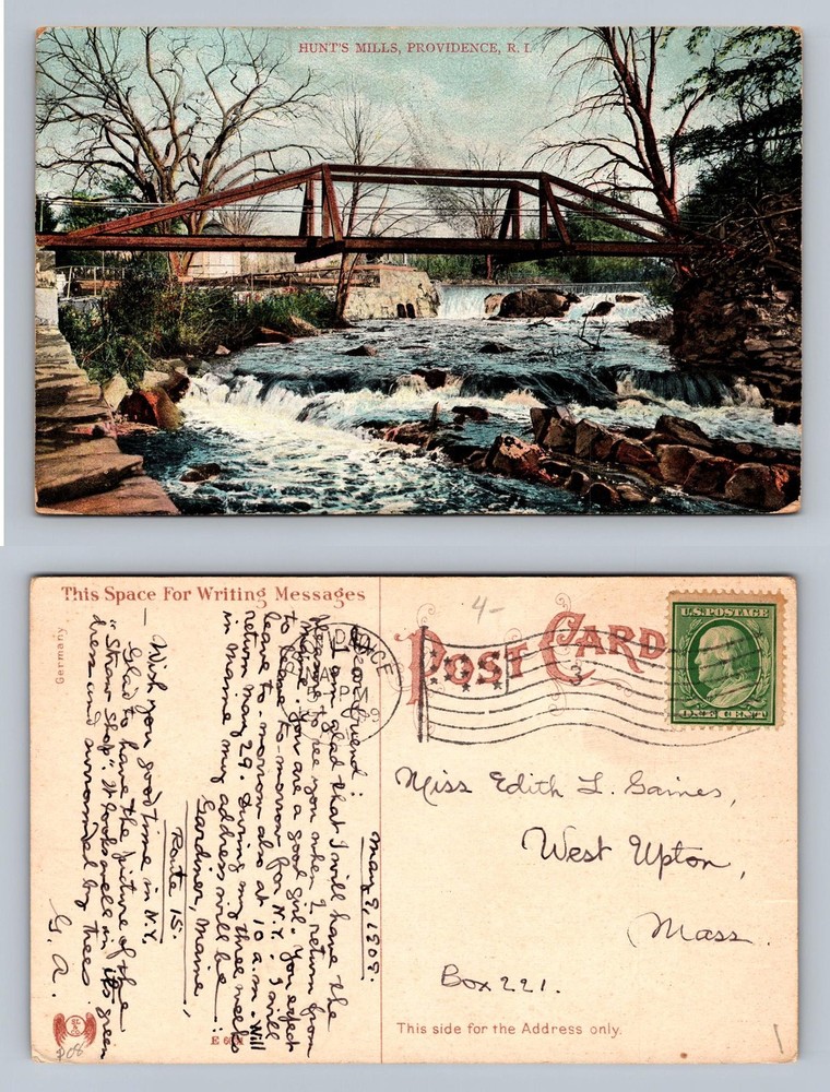 Providence, RI-Rhode Island, Hunt's Mills Bridge View Old Vintage c1909 Postcard