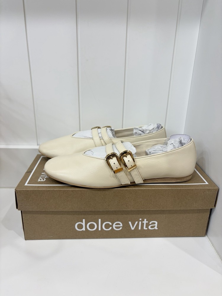 Dolce Vita Women's Ivory/Cream Leather Ballet Flats with Gold Double Buckle 8
