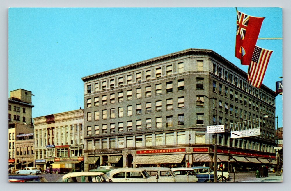 Watertown NY F.W. Woolworth Company US Flag & Classic Cars VINTAGE Postcard