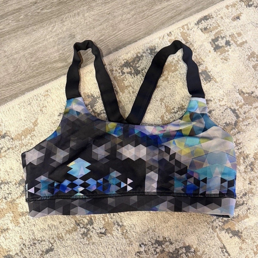 Women's S Geometric Racerback Sports Bra, Medium Support, Black Blue Gray