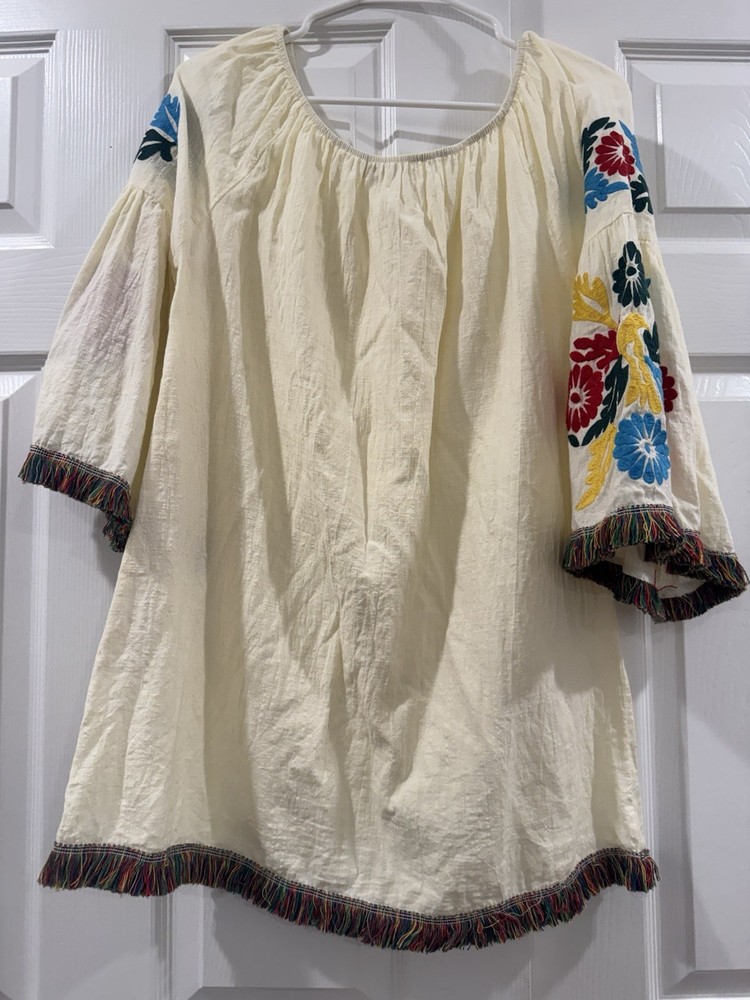 Velzera  Boho Tunic top Peasant style Size L Beige Embroidered  Fringe Trim