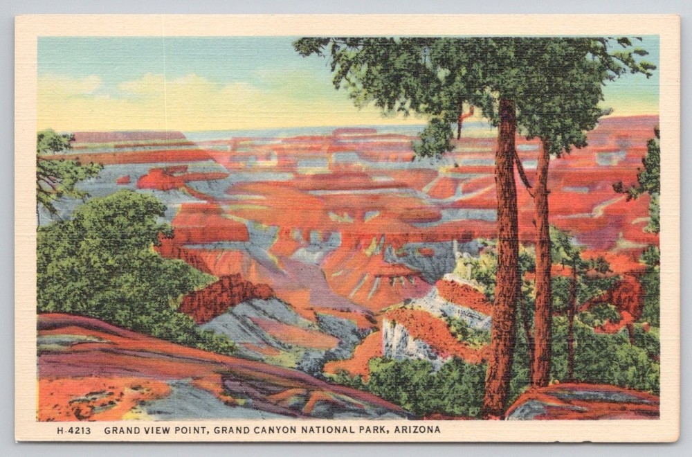 Grand View Point Grand Canyon Arizona Vintage Linen Postcard Fred Harvey 1930s