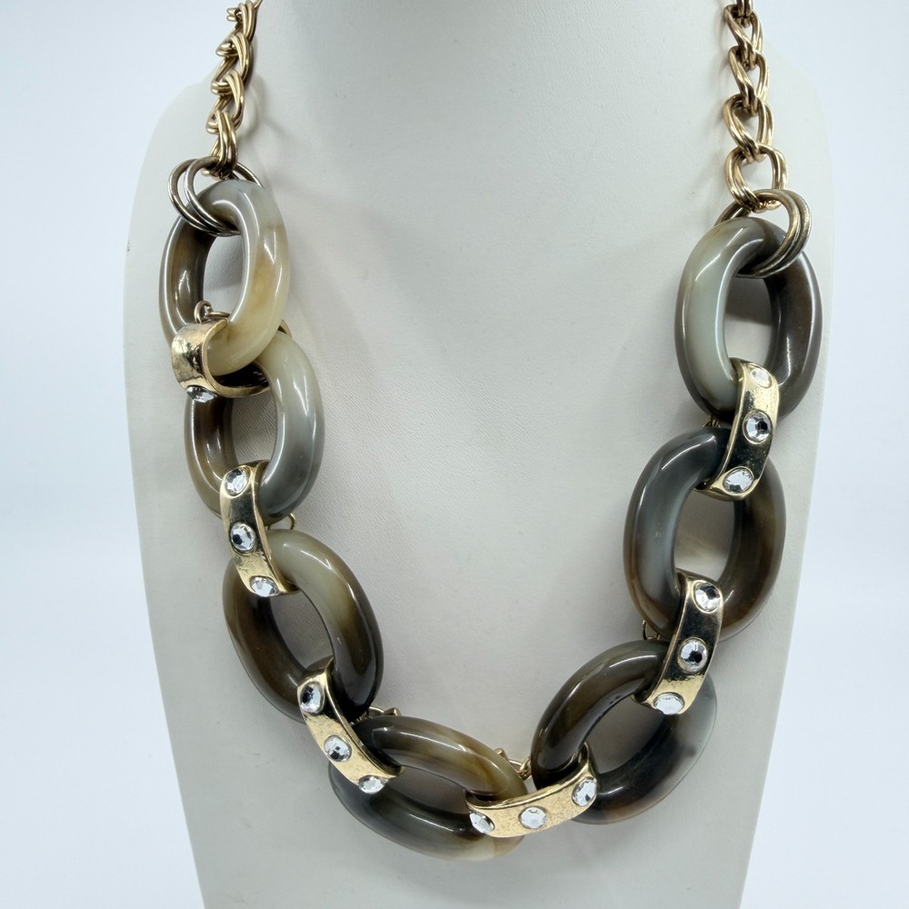 Vintage Y2K Chunky Resin Link Necklace Gold Tone Rhinestone Accent Statement