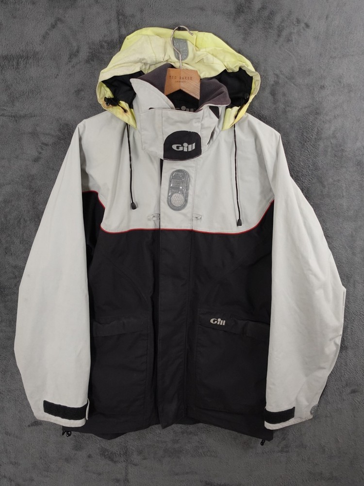 Gill Jacket Mens Medium White Black Offshore Sailing Cruise Waterproof Hood Coat