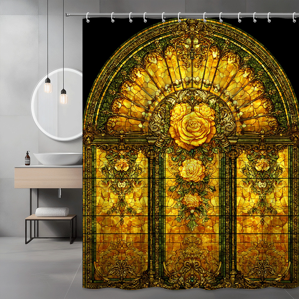 Stained Glass Rose Floral Shower Curtain Gold Green