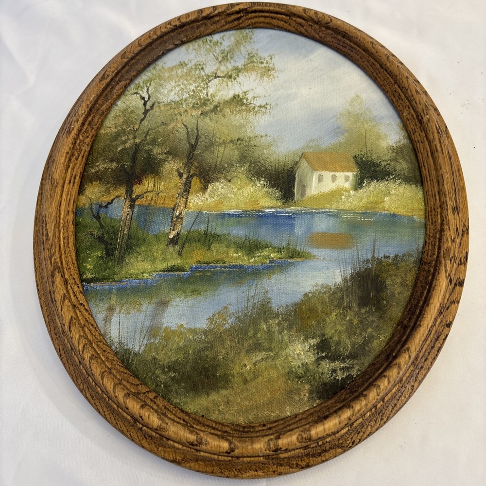 Vtg Oil Painting On Canvas Signed Country Oval Oak Wood Original Frame 9 X 11
