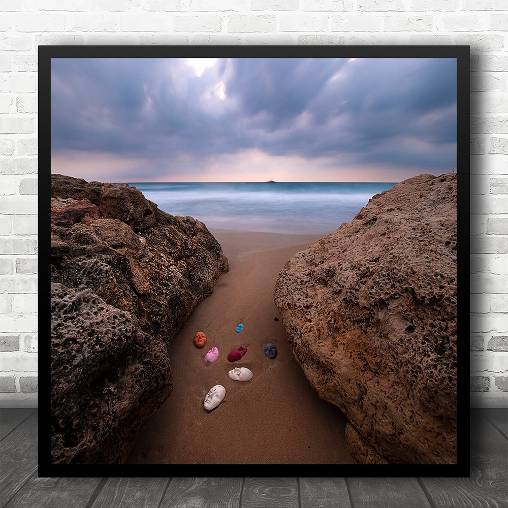Landscape Beach Sea View Colourful Masks In Sand Square Wall Art Print