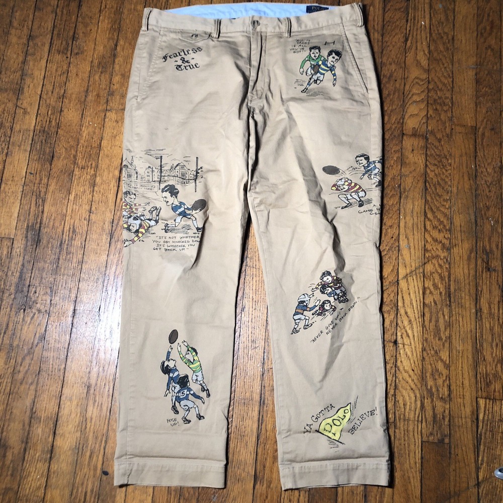 Polo Ralph Lauren Stretch Straight Fit Chino Pants Rugby Graphic Print 38x30