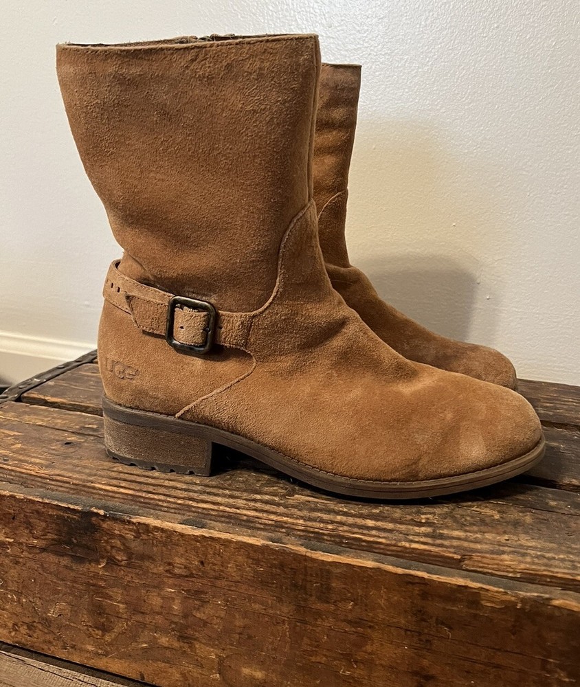 UGG Keppler Chestnut Brown Suede Moto Boots Sheep Wool Lined Heeled Sz 10 Boho