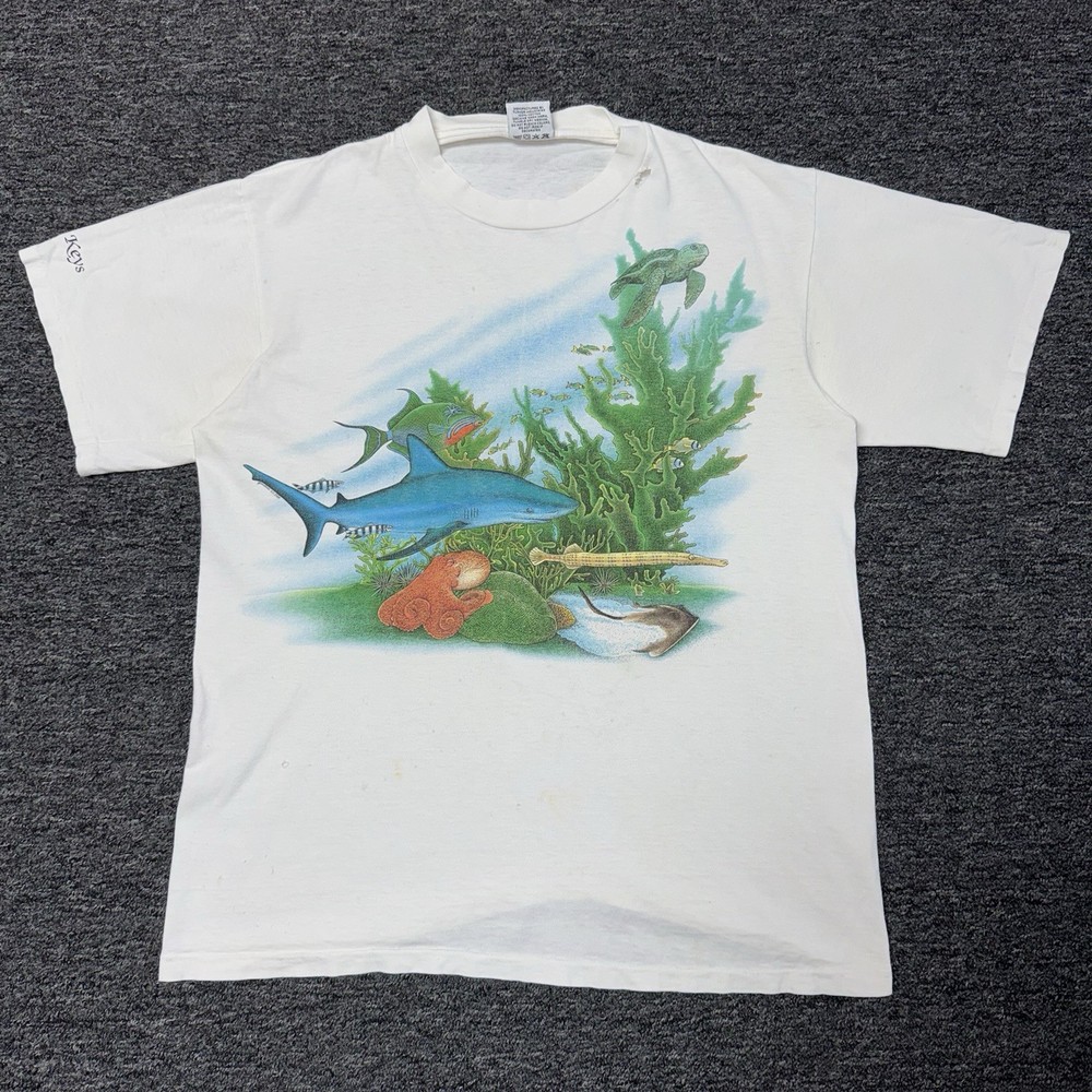Vintage 80s Ocean Life White Aquatic Nature Single Stitch T-Shirt Youth Sz XL