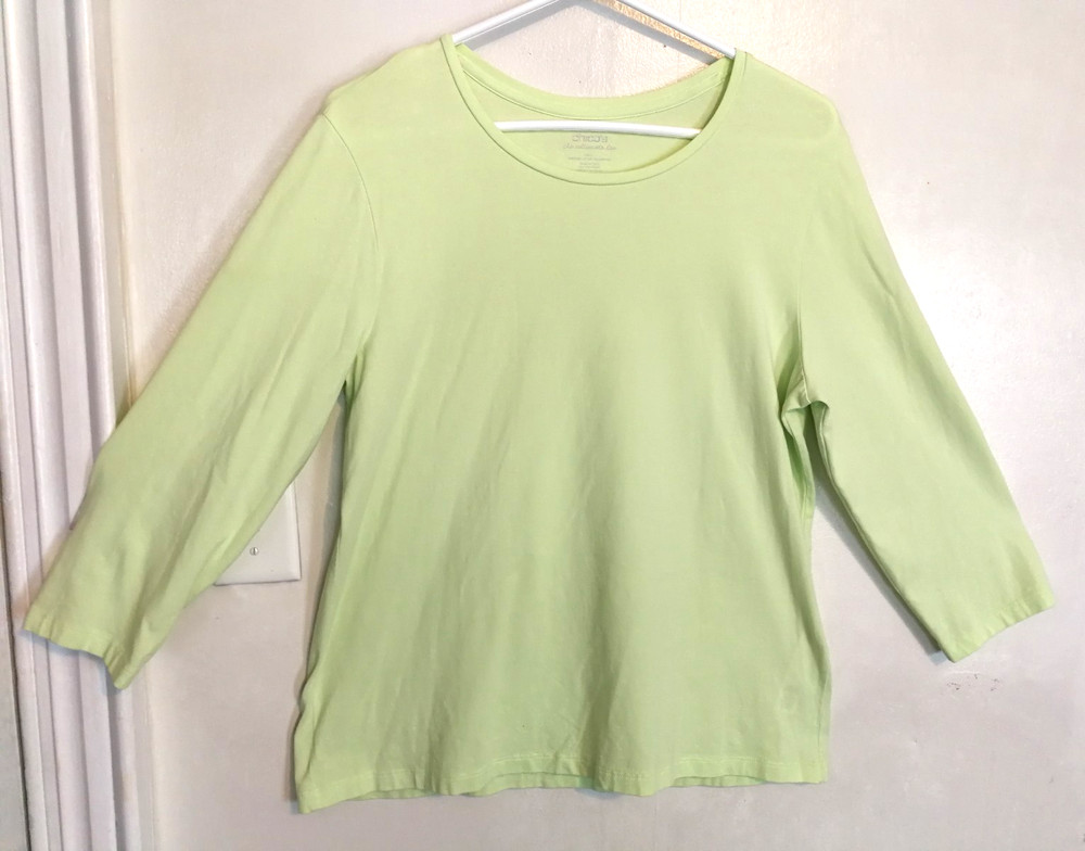 Chicos Ultimate Tee Womens Blouse 2 L 12 Lime Green Pima Cotton Blend 3/4 Sleeve