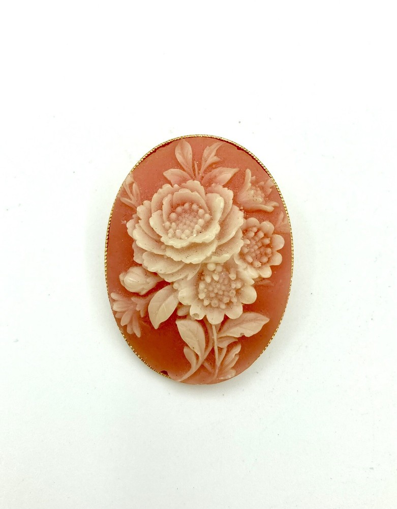 Vintage Cameo Brooch Two Tone Flower Celluloid Pin - Gold Tone Floral