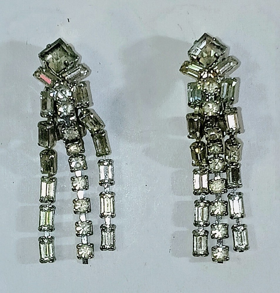 Clip On Earrings Dangle Rhinestone Drop 1960s Wedding Vintage