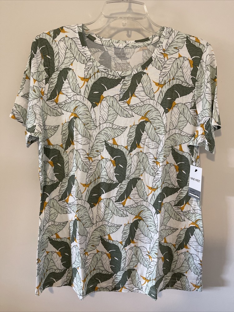 Nine West Womens Large Green Floral Short Sleeved Crewneck Blouse NWT! A3287