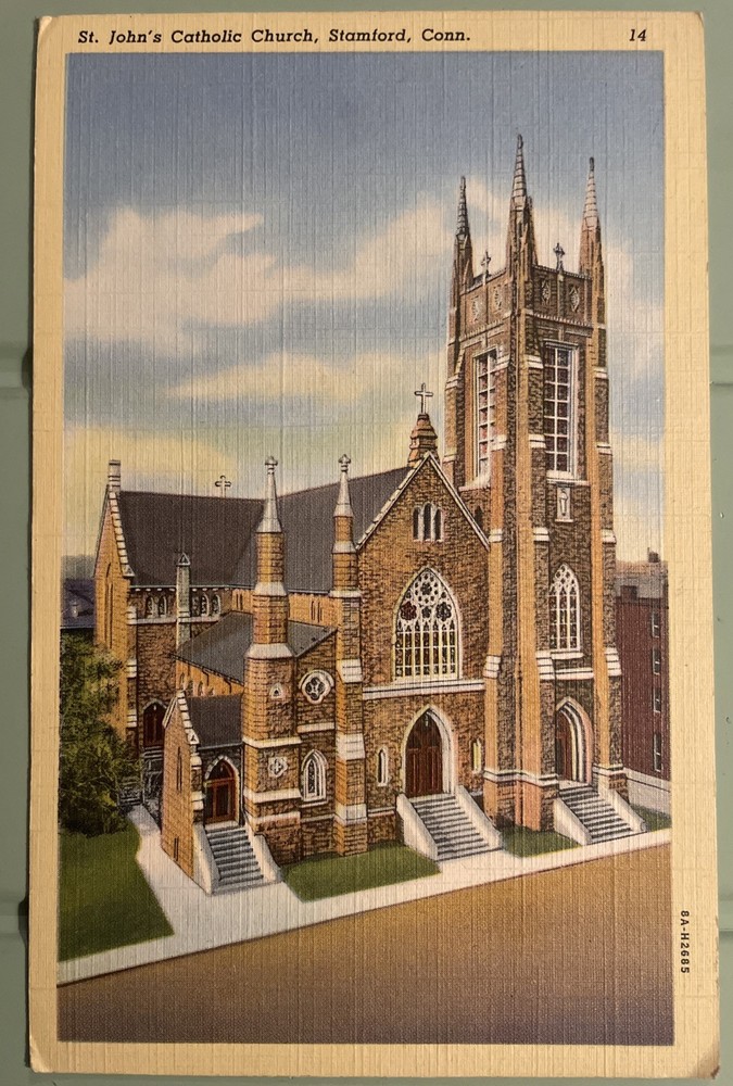 1940c Stamford, Connecticut CT ~ St. John's Catholic Church Linen Colored Pcard