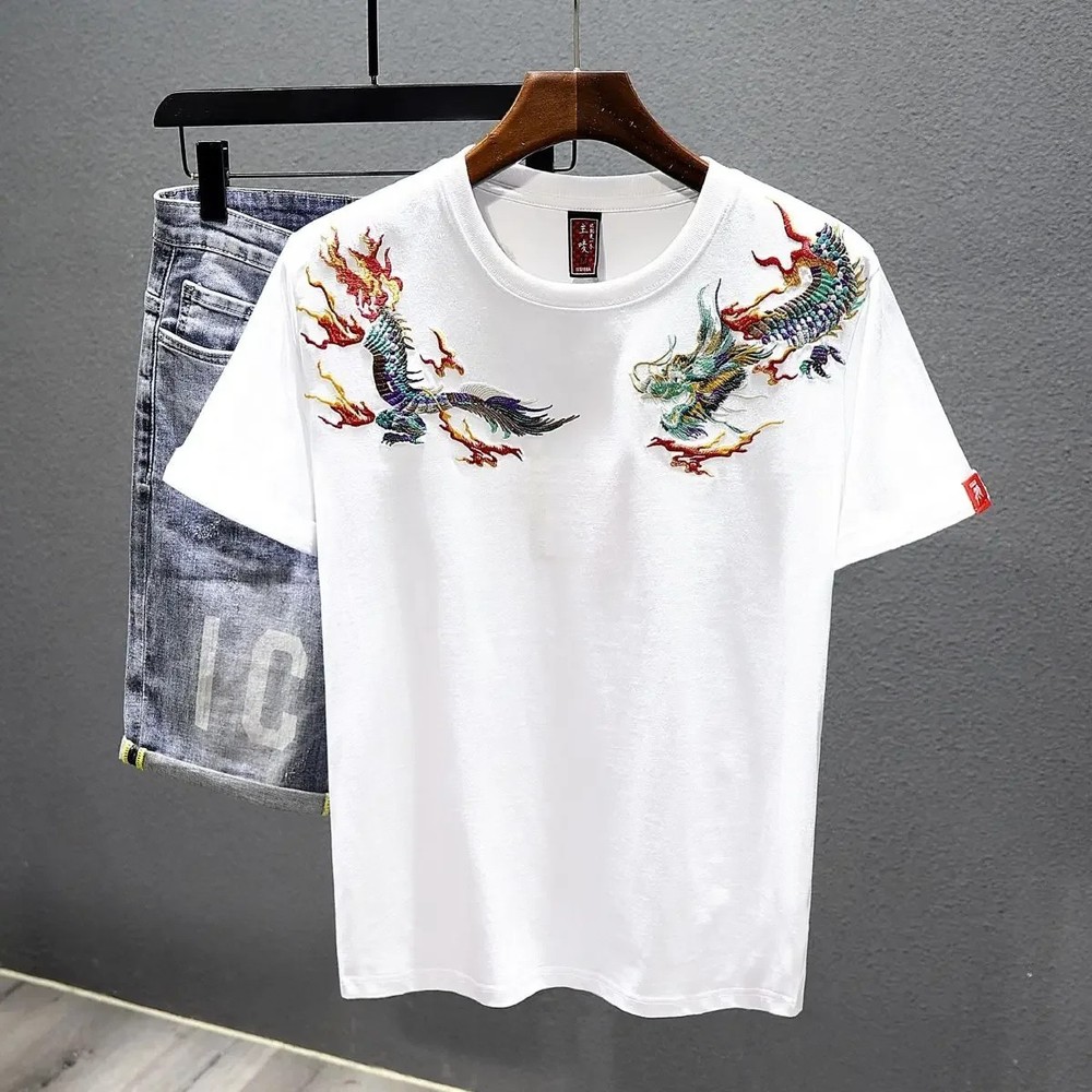 Men's Dragon Embroidered T-Shirt Casual Short Sleeve Summer Ethnic Style Top