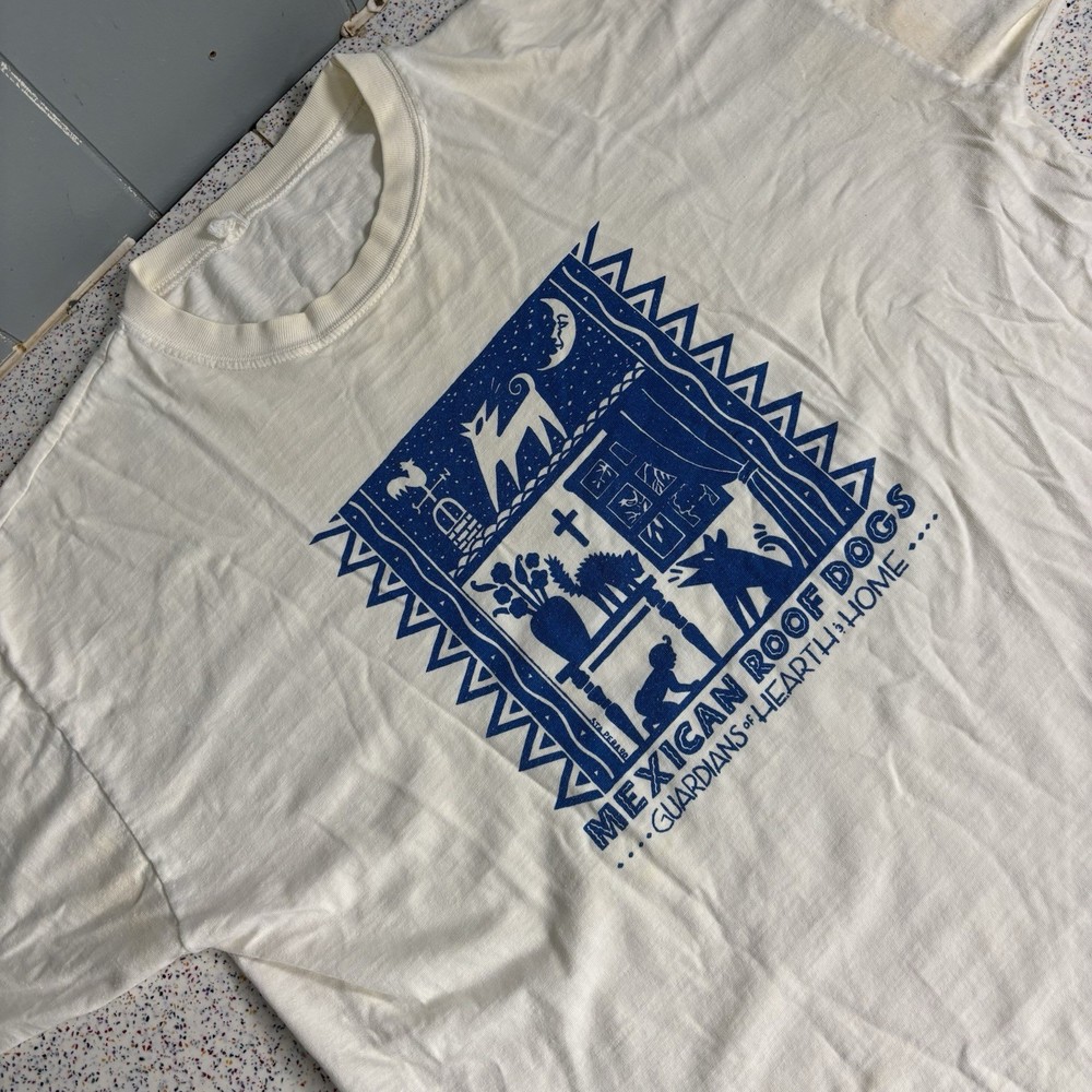Vintage 90’s Mexican House Dog White Single Stitch Shirt Raza Guardian No Sz Tag